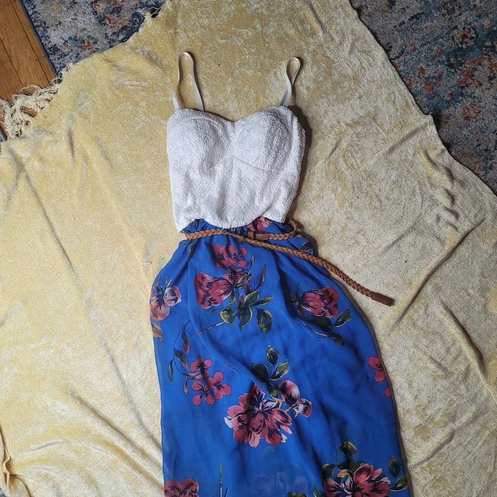 Long Blue Floral and White Dress S
